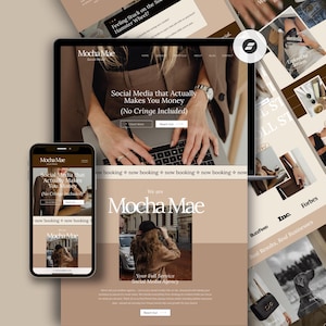 Può includere: Un design di sito web di un'agenzia di marketing digitale è mostrato su laptop, telefono e altre pagine. Il sito web presenta una tavolozza di colori neutri con il testo "Mocha Mae" e "Social Media that Actually Makes You Money (No Cringe Included)".