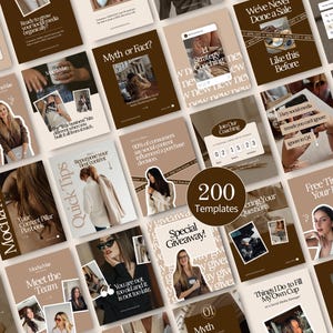 Op de afbeelding: Een verzameling van 200 social media templates in bruine en beige tinten. De templates bevatten verschillende ontwerpen met tekst, afbeeldingen en graphics, waaronder citaten, tips en promotionele content. Het algemene thema is gericht op social media marketing.