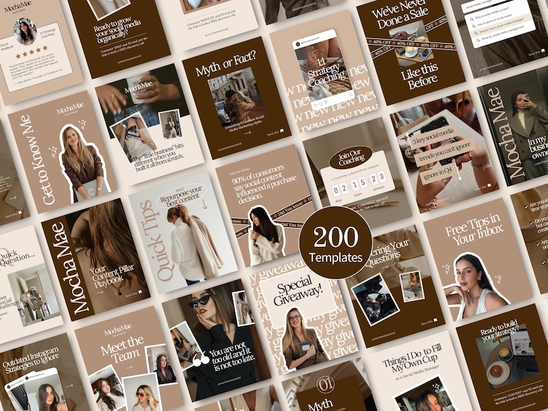 May include: A collection of 200 social media templates in shades of brown and beige. The templates feature various designs with text, images, and graphics, including quotes, tips, and promotional content. The overall theme is focused on social media marketing.
