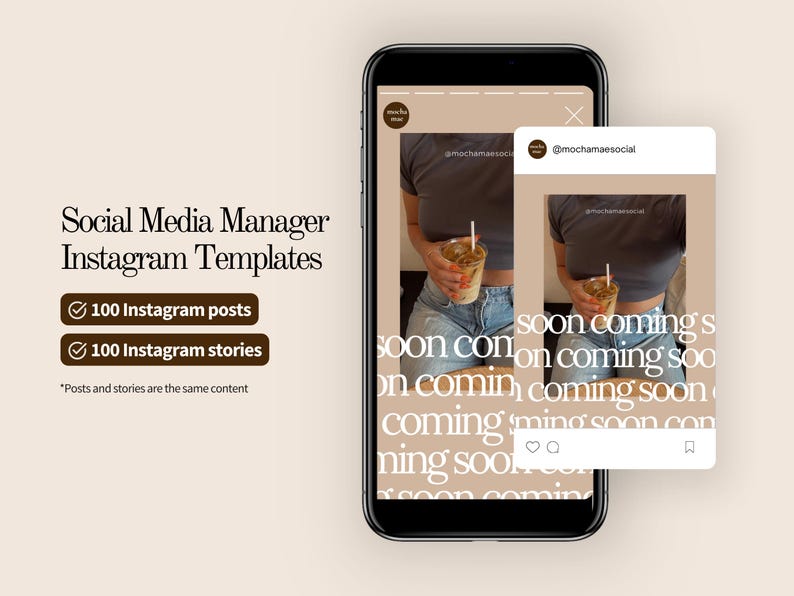 May include: A smartphone displays Instagram templates for social media management. The screen shows a mock-up of an Instagram post and story, with the text "soon coming." The image also includes the text "Social Media Manager Instagram Templates."