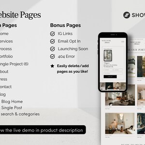 May include: A mockup of a website design on a smartphone and a computer screen. The design includes a portfolio, blog, and contact pages. Text on the image includes "Website Pages" and "View the live demo in product description."