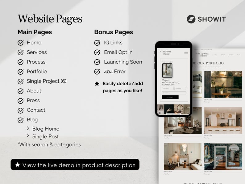 May include: A mockup of a website design on a smartphone and a computer screen. The design includes a portfolio, blog, and contact pages. Text on the image includes "Website Pages" and "View the live demo in product description."