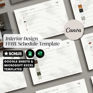 FF&E Planningsjabloon Interieurontwerp Projecttijdlijn Canva Excel Google Spreadsheets-sjabloon Meubelinrichting Afwerkingen Planning Renovatie