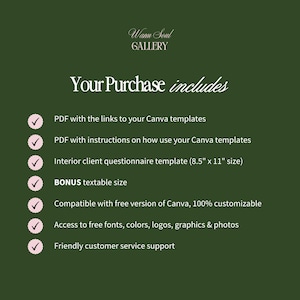 Pode incluir: Um gr&aacute;fico verde escuro com texto branco listando o conte&uacute;do de uma compra da Warm Soul Gallery. O texto inclui links para modelos Canva, instru&ccedil;&otilde;es, um question&aacute;rio e acesso a fontes, cores, logotipos, gr&aacute;ficos e fotos.