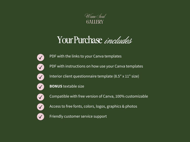 Pode incluir: Um gr&aacute;fico verde escuro com texto branco listando o conte&uacute;do de uma compra da Warm Soul Gallery. O texto inclui links para modelos Canva, instru&ccedil;&otilde;es, um question&aacute;rio e acesso a fontes, cores, logotipos, gr&aacute;ficos e fotos.