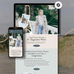 May include: A laptop and smartphone displaying a real estate website. The website features the text "Find Your Dream St. Augustine Home" and a photo of a woman. The phone and laptop are on a wooden surface.