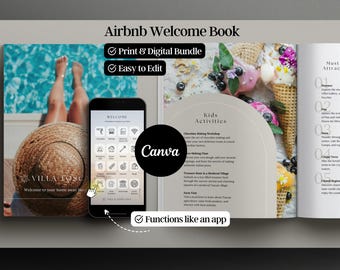 May include: A digital welcome book for Airbnb hosts, featuring a blue and white pool scene, a straw hat, and a phone displaying a grid of icons. The book includes a section for kids' activities and a list of must-see attractions. The text on the cover reads "Airbnb Welcome Book, Print & Digital Bundle, Easy to Edit, Functions like an app".