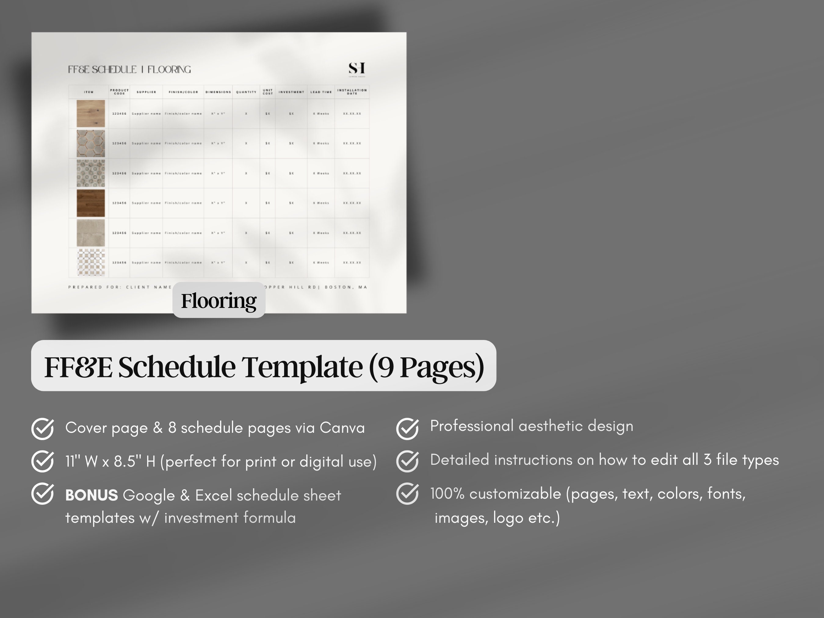 Interior Design FF&E Schedule Canva Template Excel Google Sheets ...