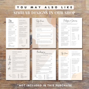 May include: Six printable pages with a minimalist design featuring the text "Tidy Home" and a price list for packages and services. The pages have a beige and white color scheme with abstract shapes.