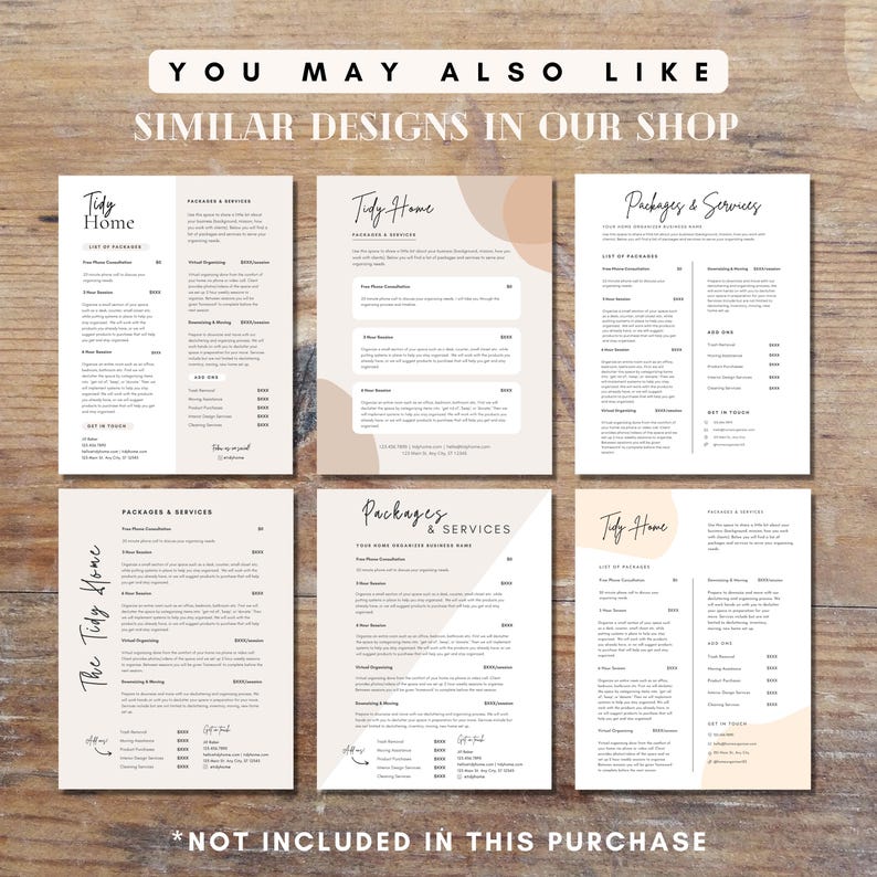 May include: Six printable pages with a minimalist design featuring the text "Tidy Home" and a price list for packages and services. The pages have a beige and white color scheme with abstract shapes.