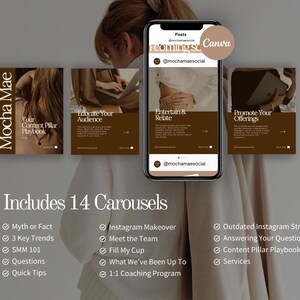 May include: A promotional image featuring a smartphone displaying an Instagram post, surrounded by carousel slides with text. The slides are in shades of brown and beige, with the text "Mocha Mae" and "Includes 14 Carousels". The image promotes social media services.