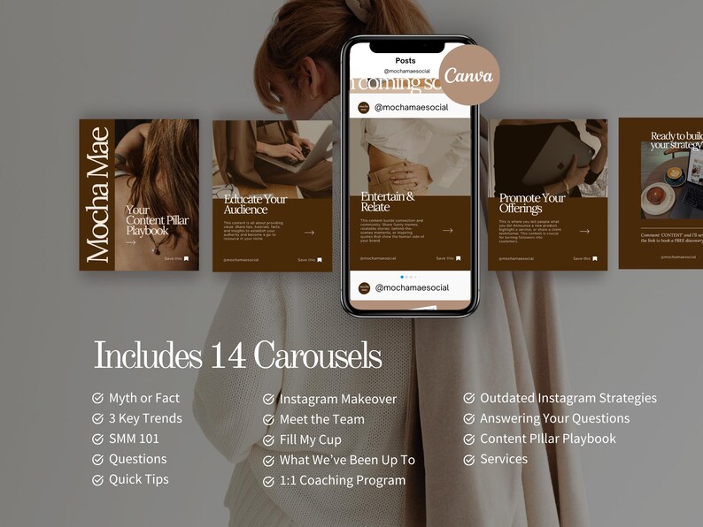 May include: A promotional image featuring a smartphone displaying an Instagram post, surrounded by carousel slides with text. The slides are in shades of brown and beige, with the text "Mocha Mae" and "Includes 14 Carousels". The image promotes social media services.