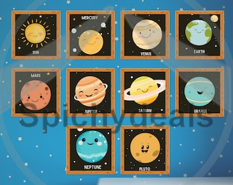 10 impresiones artísticas para niños con temática espacial: ¡decora con planetas! Descargas digitales para decoración de viveros espaciales.
