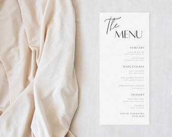 Wedding Menu Card Template, Modern Minimalist Editable Wedding Menu, 4x9", Download, Printable