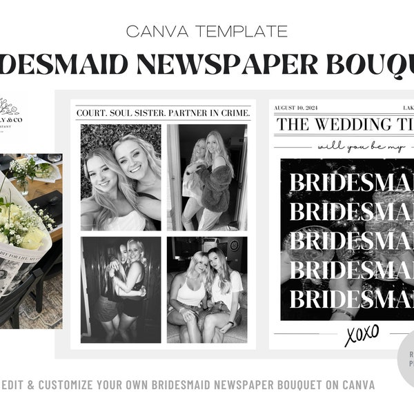 Bridesmaid Proposal Newspaper Bouquet Wrap Template - Canva Editable Printable - Maid of Honor, Matron of Honor, Bridal Party Proposal