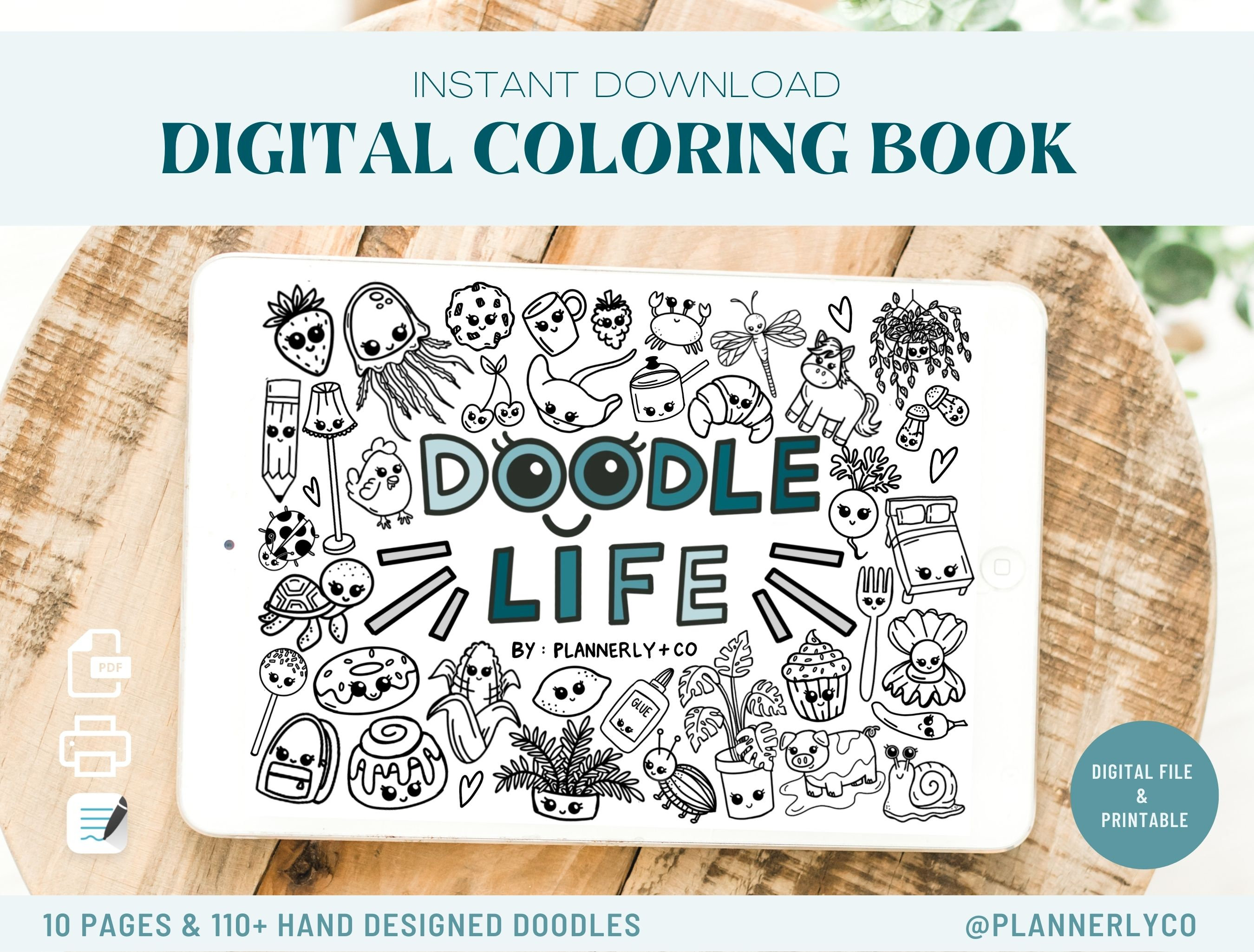 Paquete de libro de colorear digital – 10 páginas imprimibles y 110+ doodles (PDF y PNG) para adultos y niños