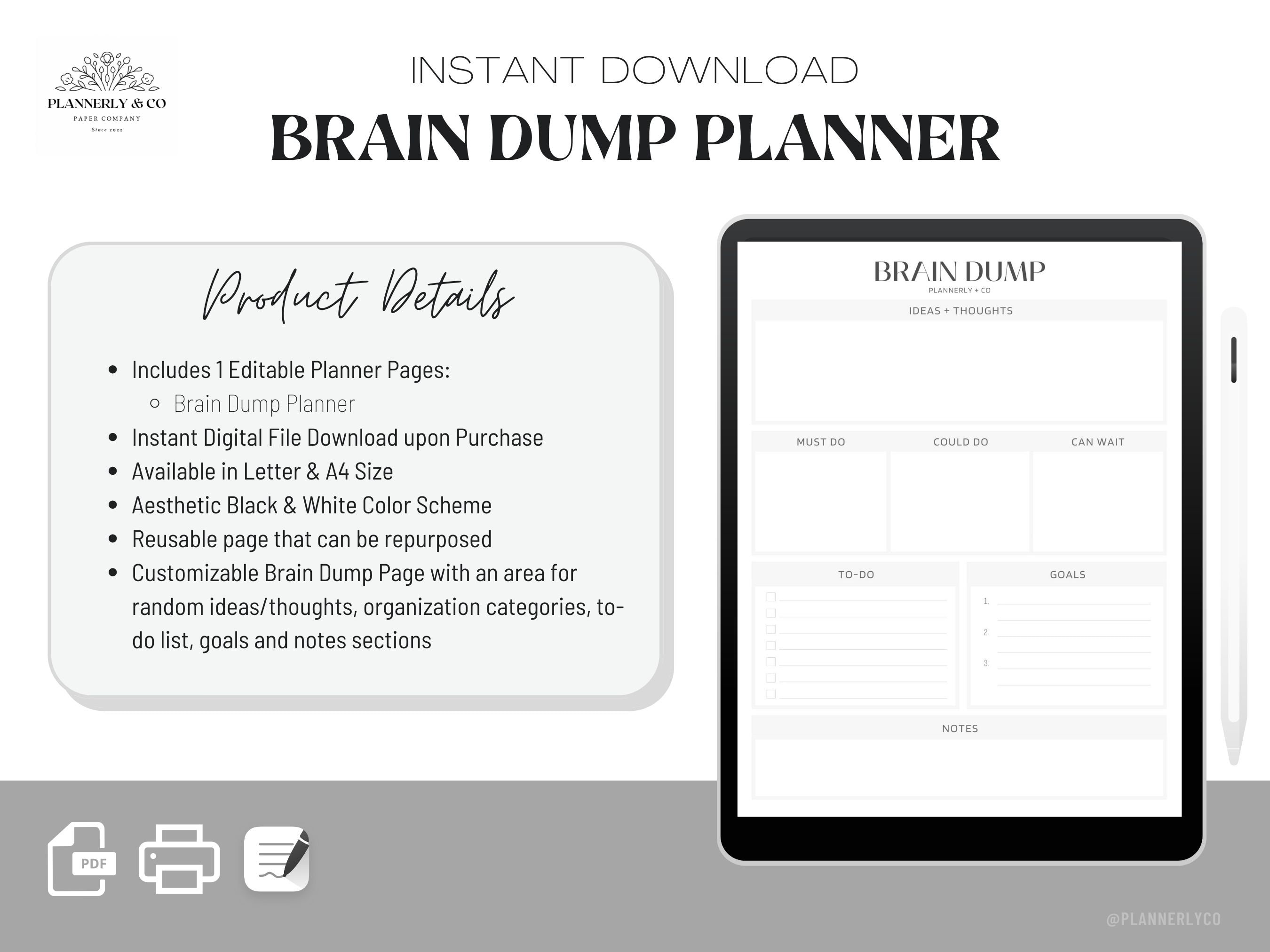 Editable Brain Dump Planner Template - Instant Digital Download - PDF ...