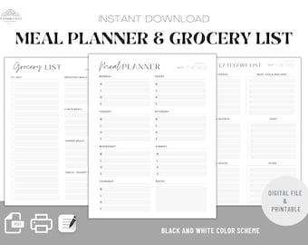 Editable Meal Planner & Grocery List Template Bundle - Weekly Meal Prep - PDF Instant Digital Download