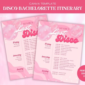 Bachelorette Itinerary - Last Disco - Canva Editable Template - Bright Pink Disco Ball 70&#39;s Theme