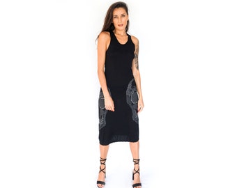 Tank dress in black rayon jersey, mid calf length, side slit, embellished skull print at the sides, all seasons casual dress.