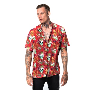 Button up slim fit shirt, short sleeve shirt, Skull Hawaiian print, unisex, light weight rayon voile, colourful, summer shirt.