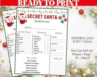 Secret Santa questionnaire PDF PRINTABLE, Holiday Gift Exchange Flyer, Christmas Wish List, Christmas Holiday Party Games Printables