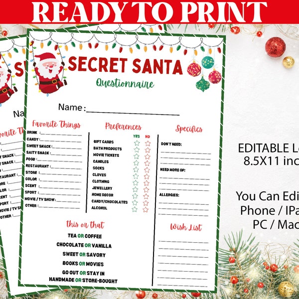 Secret Santa questionnaire PDF PRINTABLE, Holiday Gift Exchange Flyer, Christmas Wish List, Christmas Holiday Party Games Printables