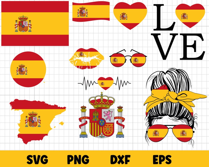 Spanish Flags SVG file is perfect for making projects for personal use and small business use. Make your own unique t-shirts, coffee mugs, tote bags, and so much more! This file is compatible with cutting machines such as Silhouette or Cricut.