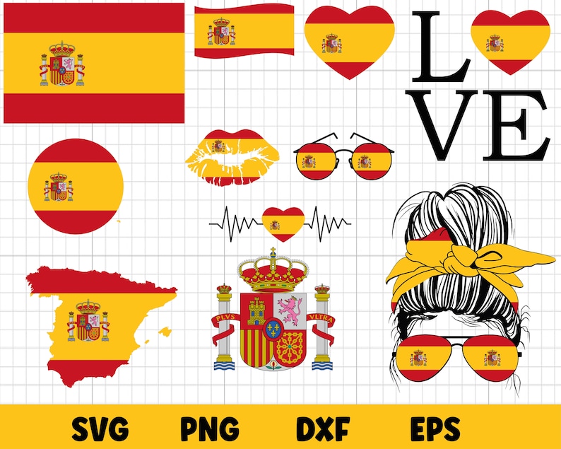 Spanish Flags SVG file is perfect for making projects for personal use and small business use. Make your own unique t-shirts, coffee mugs, tote bags, and so much more! This file is compatible with cutting machines such as Silhouette or Cricut.