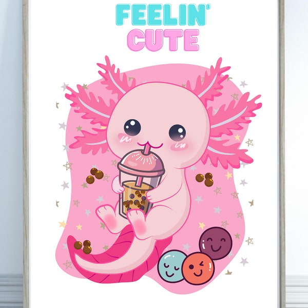 Wall art Cute Pink color Fish Drinking Boba Tea Drink Digital Design Printable Deco Office room kids poster room cute animal Axolotl Axolote