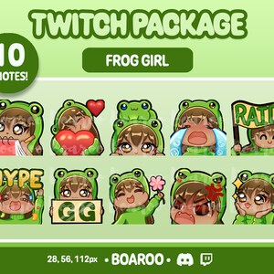 10x Cute Frog Girl Chibi Emotes | Twitch, Discord, Youtube | Brunette, Fringe, Pale, Brown Eyes, Frog Beanie