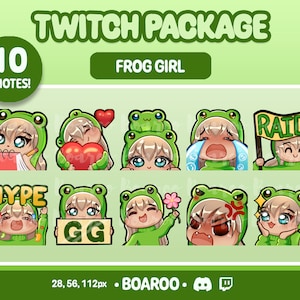 10x Cute Frog Girl Chibi Emotes | Twitch, Discord, Youtube | Blonde, Fringe, Pale, Blue Eyes, Frog Beanie