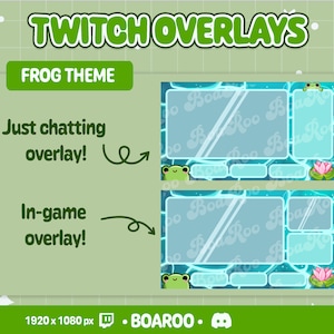 May include: Two Twitch overlay designs featuring a frog theme. The top overlay is for just chatting and the bottom overlay is for in-game. Both overlays feature a blue and green colour scheme with a frog and lily pad design.