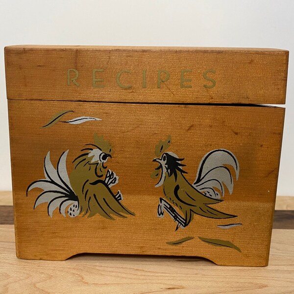 Vintage Wooden Fighting Roosters Recipe Box, Farm House, Gold Black Roosters, Country Kitchen