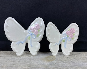 Vintage Ceramic Butterfly Pink Roses Blue Bows Wall Hangings Set of 2 Cottagecore Grannycore