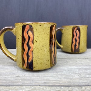 Vintage Speckled Stoneware Coffee Mug, Brown Orange Stripes, Retro, Set of 2, 1970s Style Bohemian