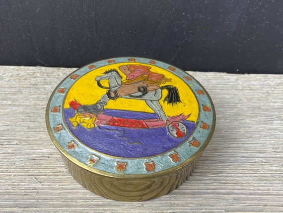 Vintage Enamel Brass Trinket Box, Cloisonne Box, … - image 1