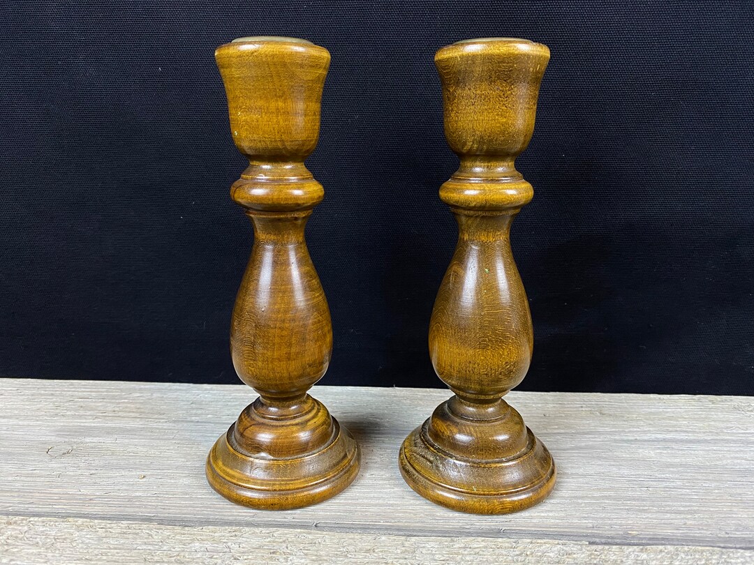 Vintage Turned Wood Candlestick Holders Brass Brass Cup Taper 6.75” - Etsy