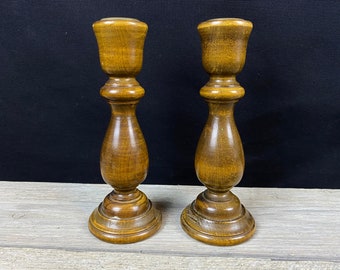 Vintage Turned Wood Candlestick Holders Brass Brass Cup Taper 6.75”