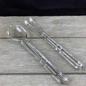 Vintage Glass Salad Serving Set Spoon Fork MCM 1960s Holiday Serving Set Cottagecore Elegant Dining