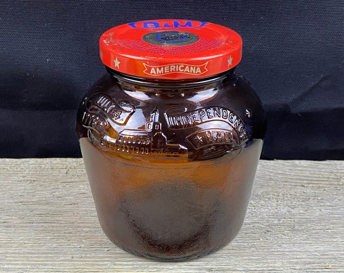 Vintage Amber Glass B&M Baked Beans Jar Anchor Hocking Lid Independence