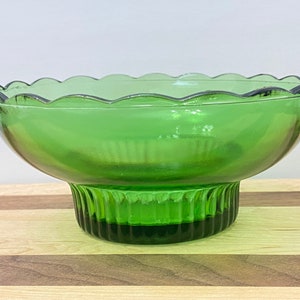 Vintage EO Brody Co Green Glass Pedestal Bowl | Scalloped Edge | Ribbed Pedestal Base