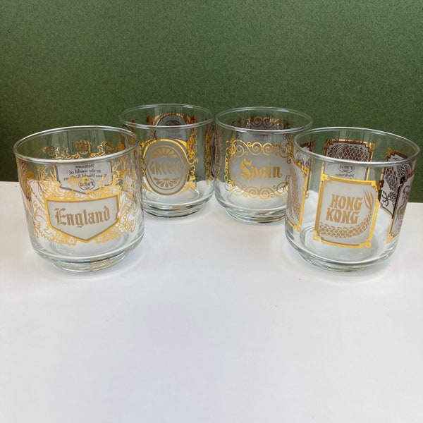 Vintage Libbey TWA World Destination Glasses, Set of 4 Low Ball Rock Glasses, Gold Lettering, England Greece Spain Hong Kong