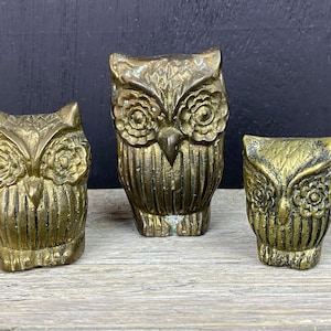 Vintage Solid Brass Owls, Set of 3, Owl Family, Heavy, Paperweight Ascending Sizes, Mid Century Modern, Bohemian Decor, Cottagecore