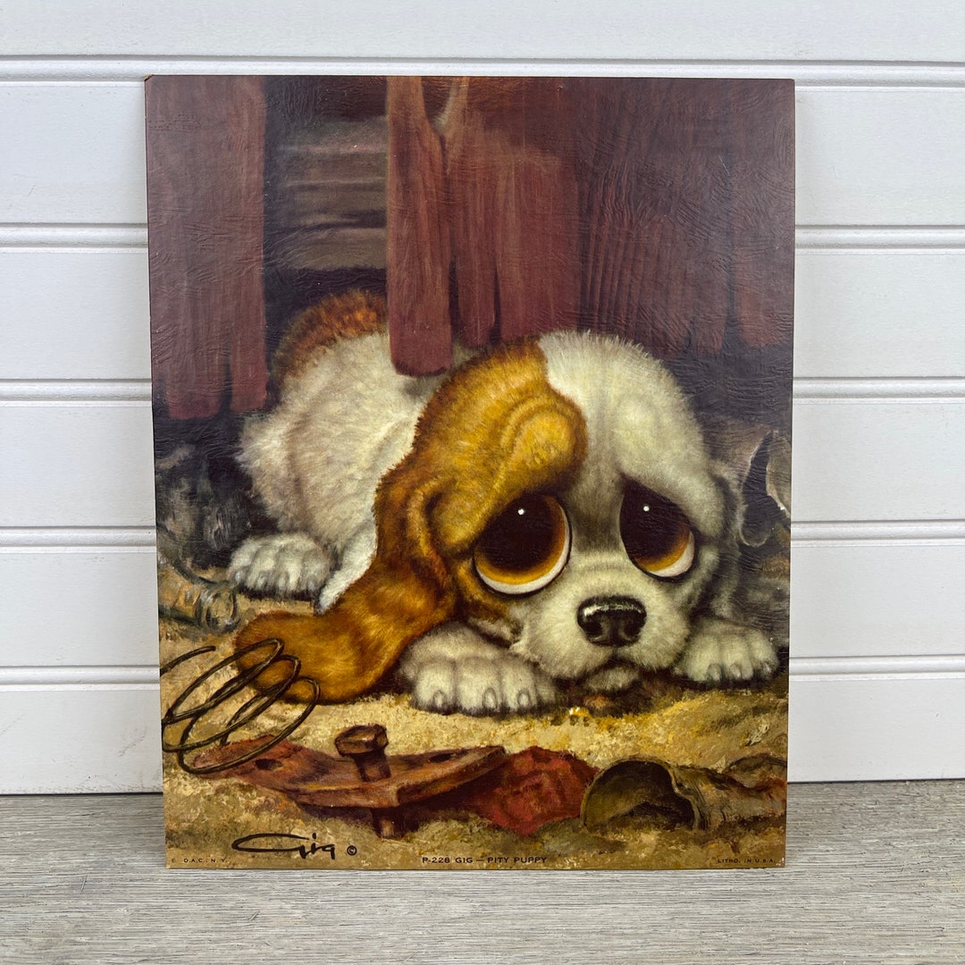 Vintage Unframed Pity Puppy Picture by Gig Sad Big Eyed Dog