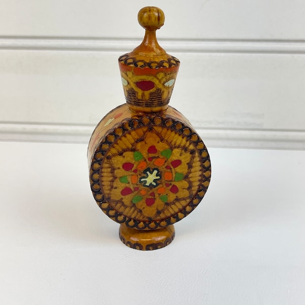 Vintage Bulgarian Wooden Purfume Holder, Wood Burned Hand Painted, Glass Vial Perfume Holder Screw Top, Pyrography Design