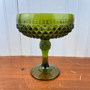 Vintage Indiana Glass Green Diamond Point Compote, Pedestal Candy Serving Bowl, 1960s Avocado Green, Made in USA