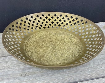 Vintage Brass Bowl with Quatrefoil Cut Outs, Embossed Design, Console Bowl, Fruit Bowl, Bohemian Decor, MCM