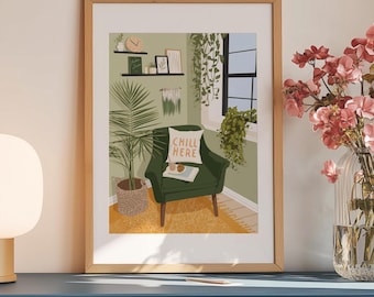 Impresión artística de una acogedora silla verde, decoración moderna de mediados de siglo.