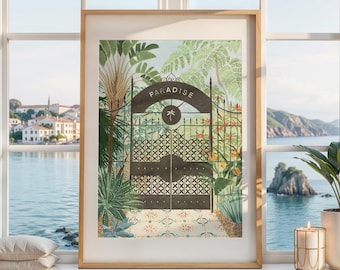 Tropical Garden Art Print: Paradise Gate Watercolor Wall Decor